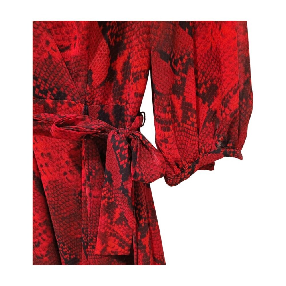 Calvin Klein Womens Dress Size 4 Wrap V neck Midi Red and Black Snake Print - Picture 4 of 10